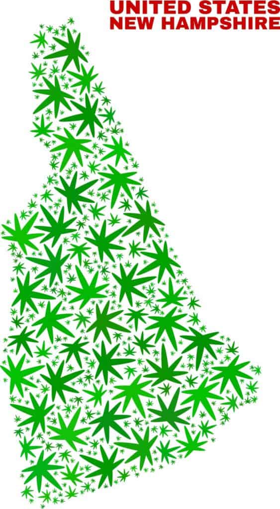 Is weed legal in NH? New Hampshire map with cannabis leaves all over it. 