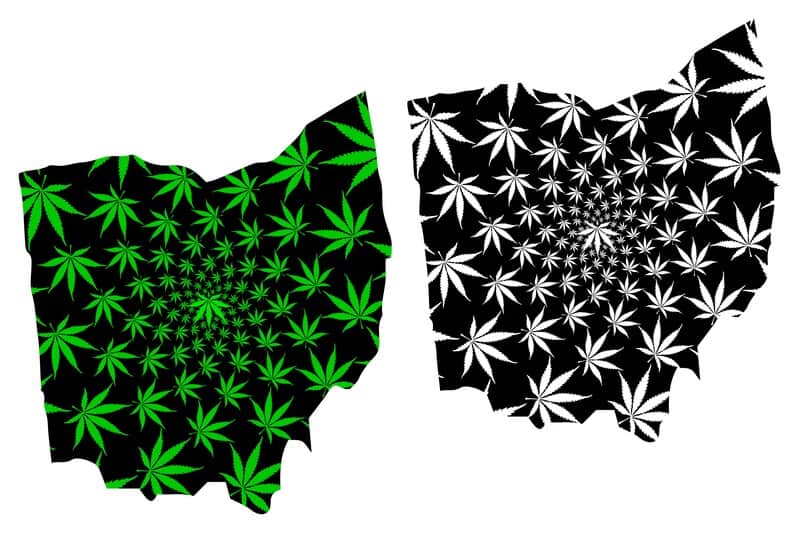 Is weed legal in Ohio?Ohio state maps with wed leaves. 