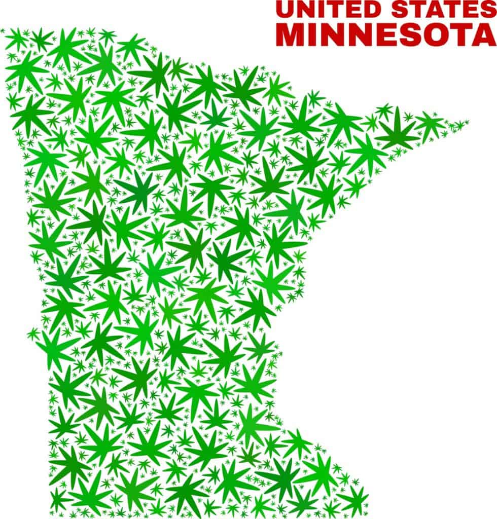 Is weed Legal in Minnesota? Minnesota map with cannabis leaves. 