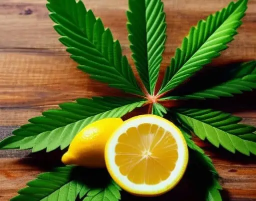 Lemon Berry strain. A lemon and some cannabis leaves
