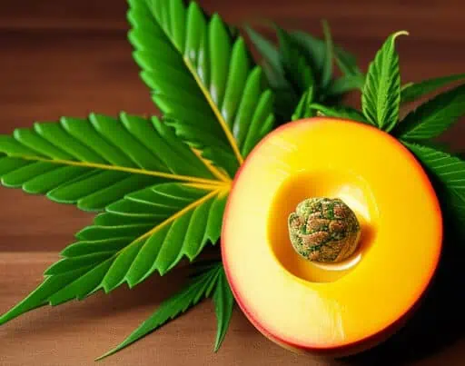 Mango Tango strain. A mango fruit with a cannabis bud inside