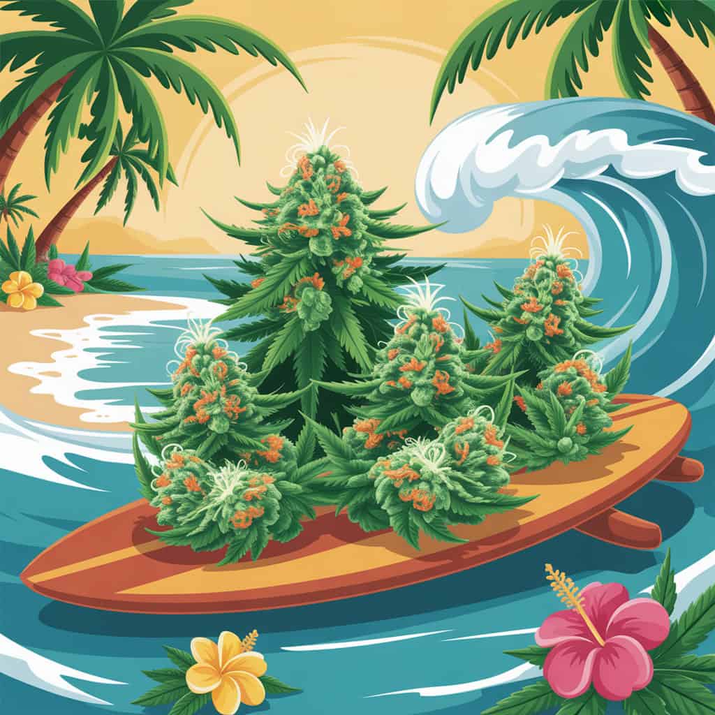 Maui Wowie Strain : Effects, THC, Seeds, Grow 1 Maui Wowie strain animated image of cannabis in a surf board in Hawaii with a wave