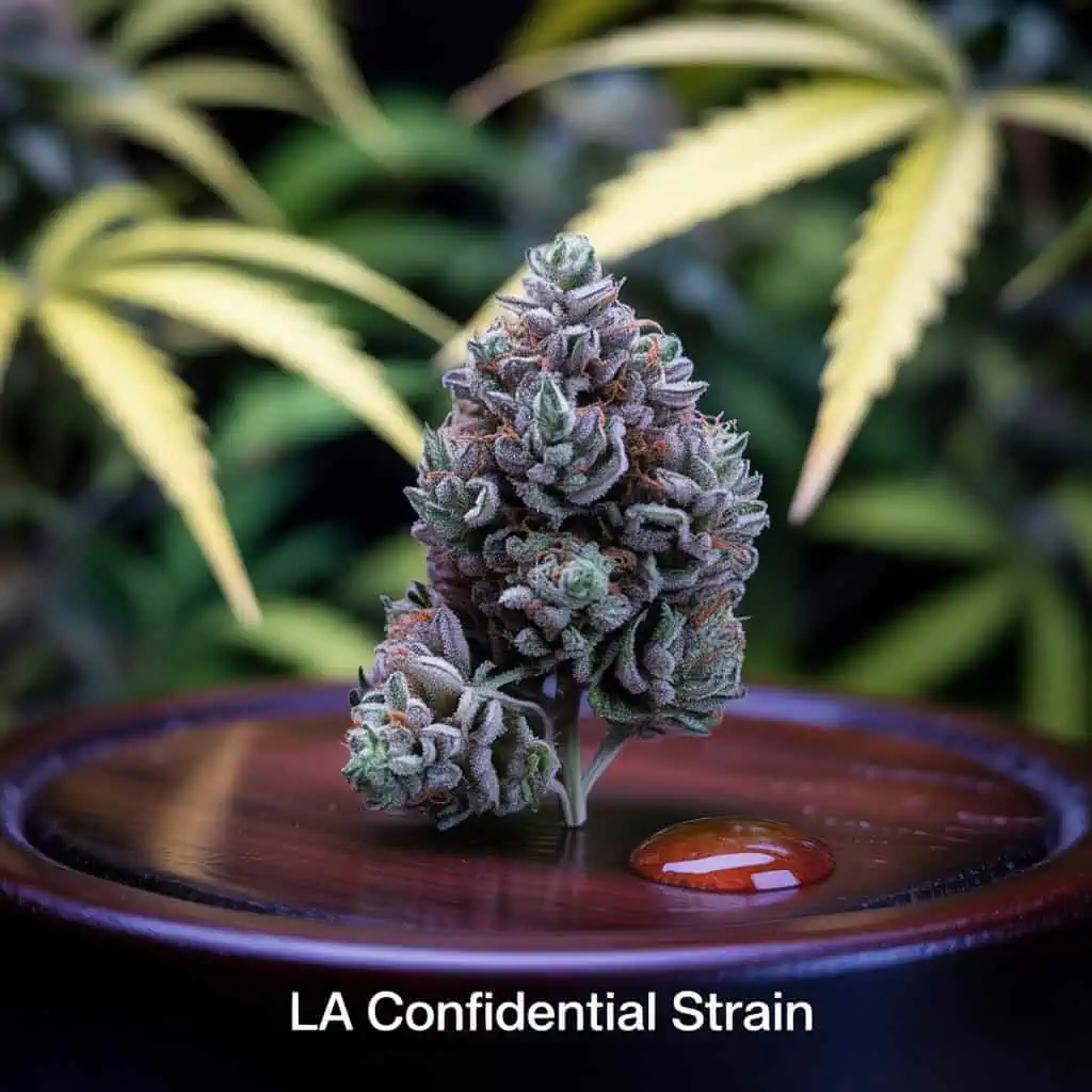 A cannabis bud labeled "LA Confidential Strain" sits on a wooden surface with a small drop of oil, while green leaves blur softly in the background, highlighting the unique qualities of LA Confidential.