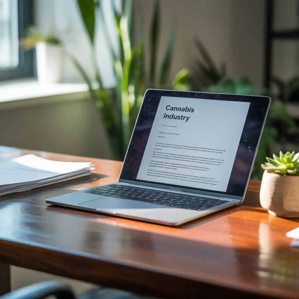 How to Write a Cover Letter: Free Templates 1 how to write a cover letter for a cannabis industry job. A computer is open on a desk with a cannabis industry cover letter open on the screen.