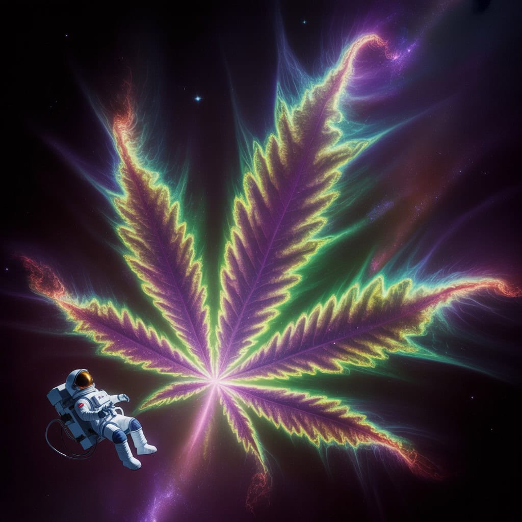 Outer Space Strain: Complete Updated Guide 1 Outer space strain. An astronaut in outer space next to a weed leaf
