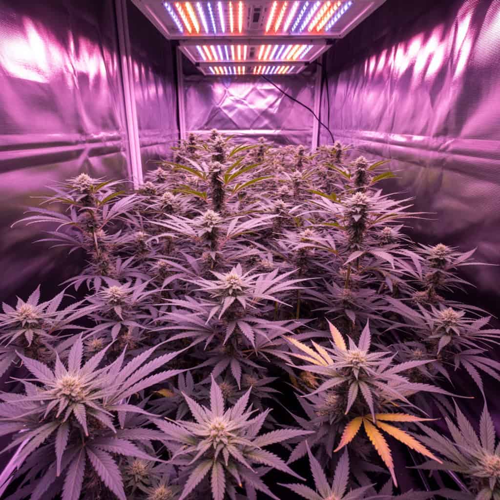 how long does it take to grow weed indoors? An indoor cannabis garden under LED lights 