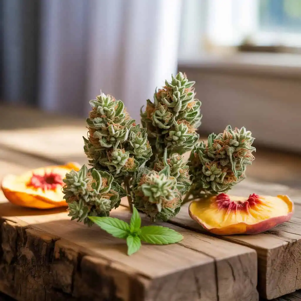 Peach Cobbler Strain Guide : Updated 2025 1 Peach cobbler strain buds on a table with pieces of a peach next to them