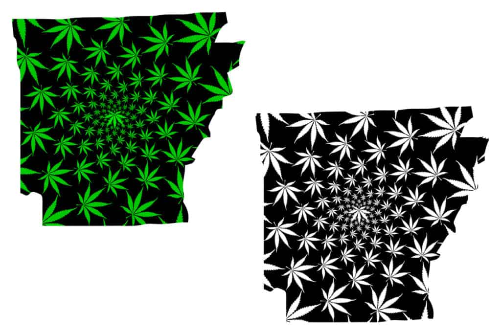 Arkansas cannabis college. Arkansas state map with cannabis leaves on it