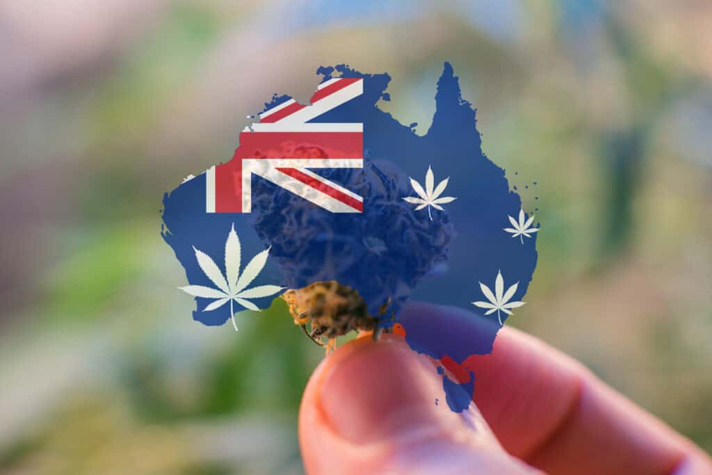 Common weed strains in Australia. Australian flag with cannabis leaves on it and a bud behind. 