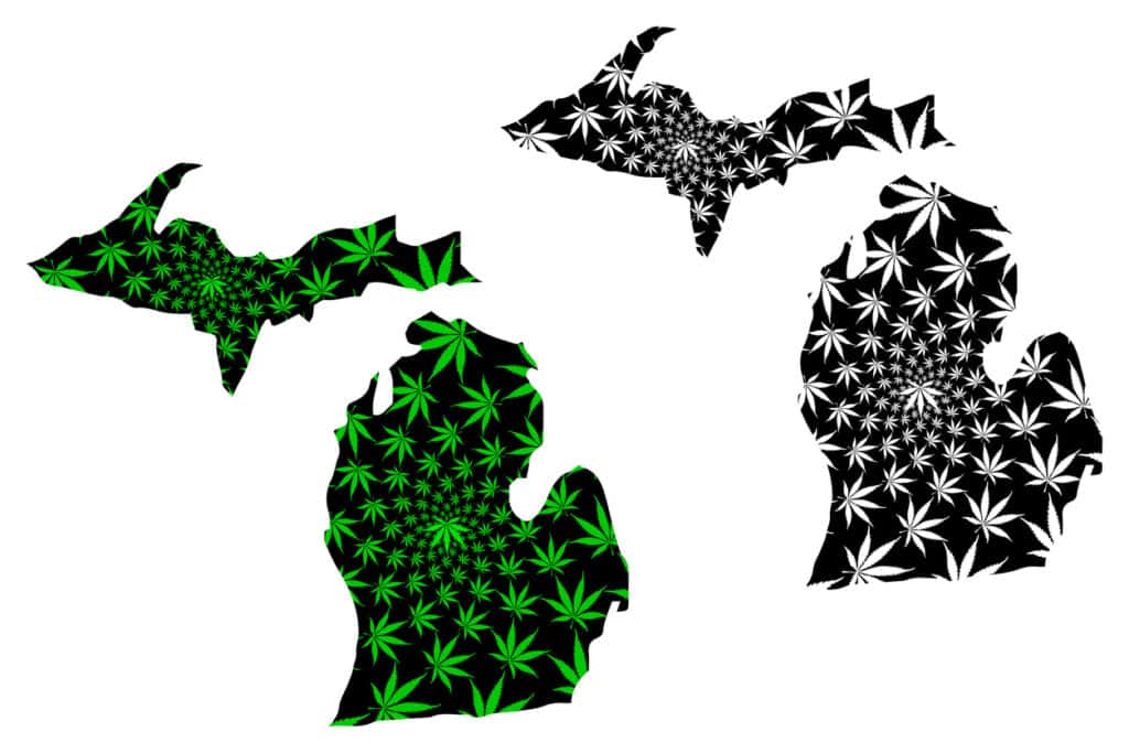 Michigan cannabis college. Michigan map with cannabis leaves
