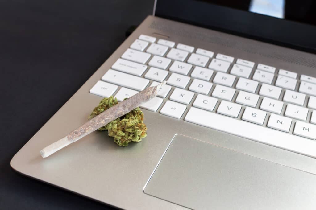 Medical marijuana training school. A laptop with a bud and joint of marijuana on it