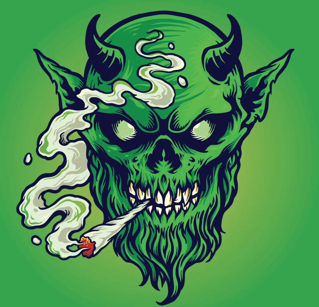 Devil's lettuce cannabis. Devil face smoking a joint