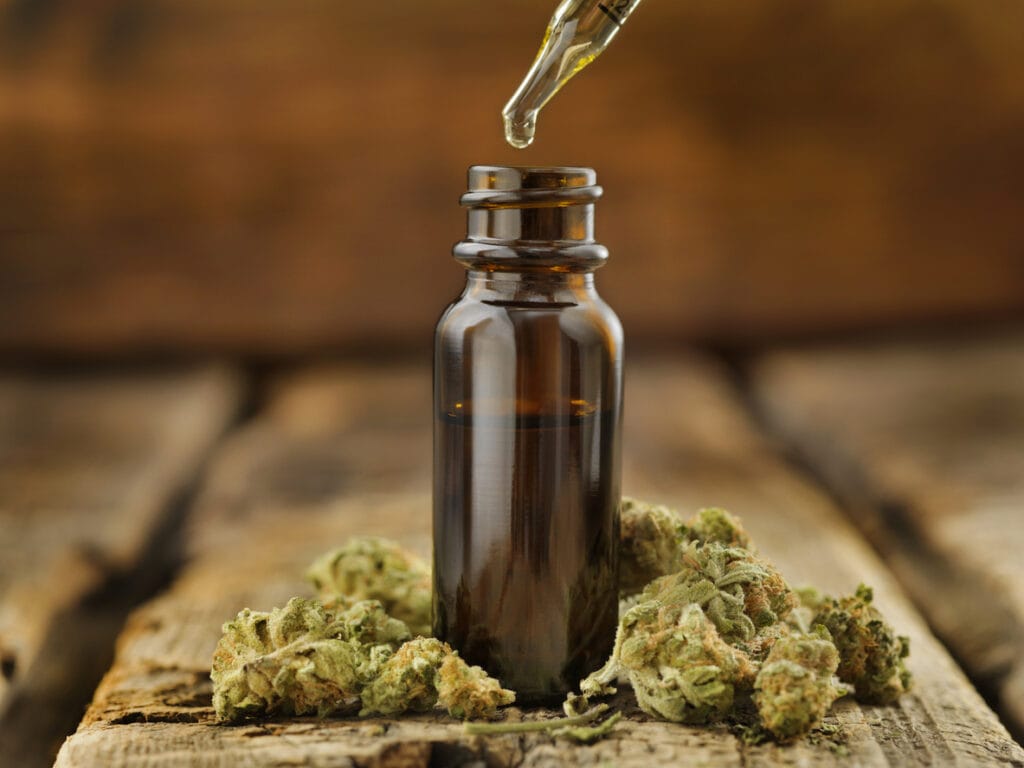 How much does cannabis oil cost? A dropper bottle full of cannabis oil with cannabis buds around it.