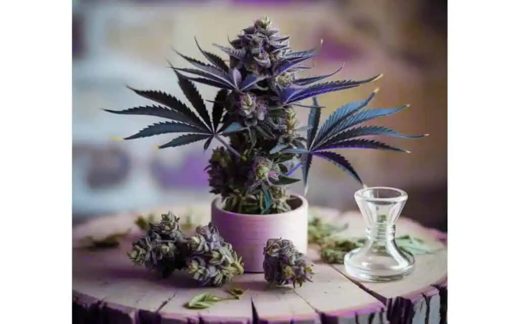 20 Best Purple Weed Strains (2025 Guide) 1 purple cannabis plant on a wooden table
