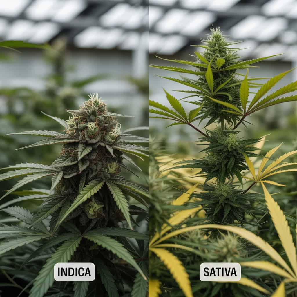 Ultimate 2025 Updated Guide To Indica Effects 1 indica vs sativa cannabis plants. one of each next to one another