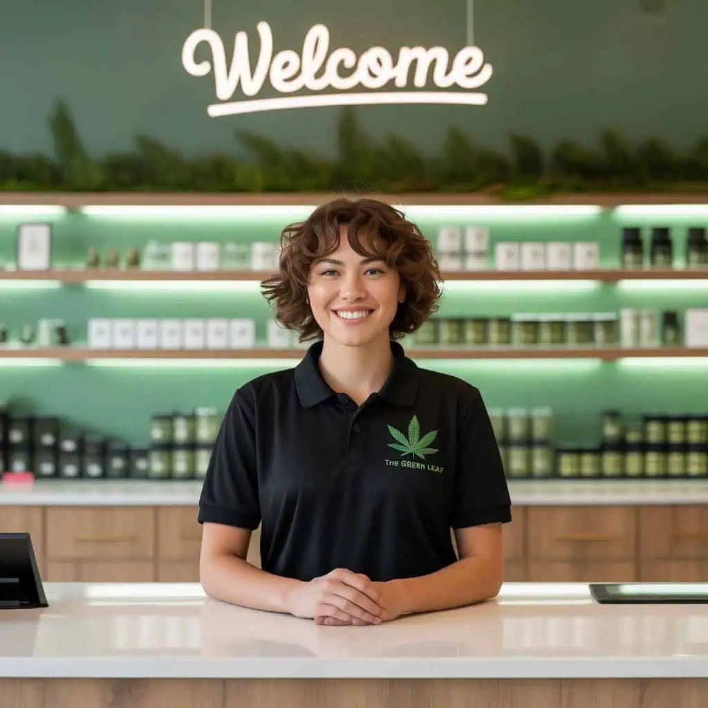 How To Work In A Dispensary In Arizona : 2025 1 how to work in a dispensary in Arizona. A female budtender works behind a counter in a dispensary in Arizona called The Green leaf