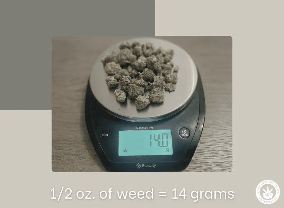 1/2 oz of weed, or 14 grams weight out on a digital scale. A half an ounce of weed on top of a scale showing it is 14 grams. 