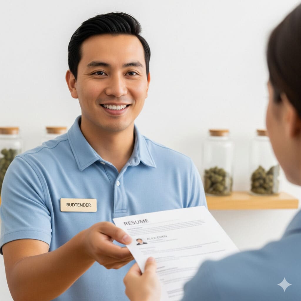 Budtender Resume Guide: Examples, Duties, FAQ’s 1 a dispensary manager accepts a budtender resume from someone interviewing for a budtending job