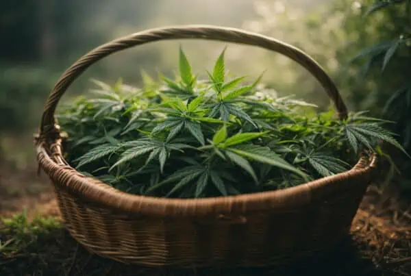 Can you smoke marijuana leaves? A basket of marijuana leaves on the ground.