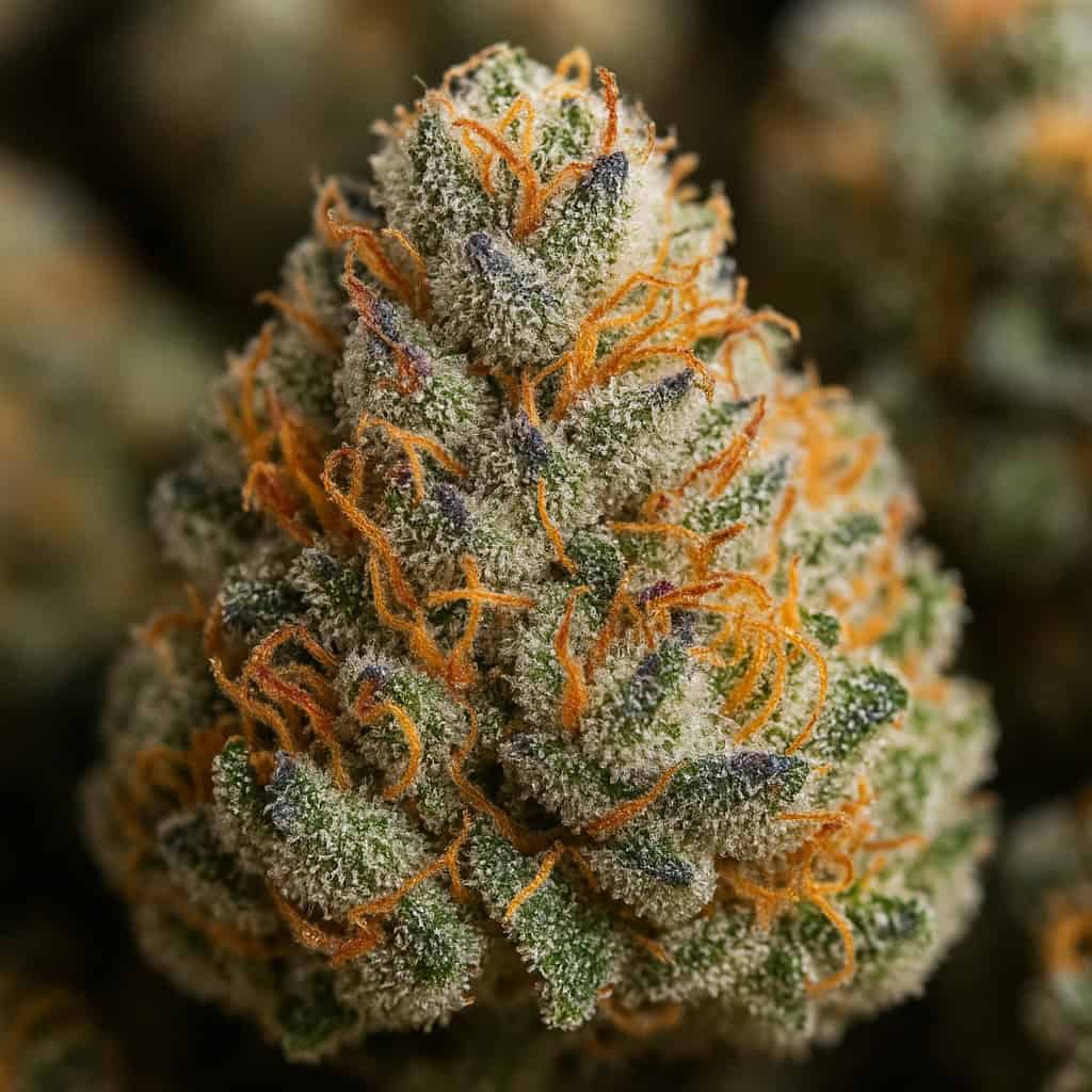 Lava Cake strain close up of bud with orange hairs and trichomes 