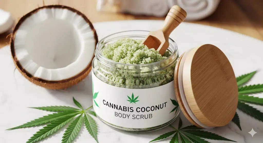The Ultimate Guide: Cannabis Coconut Oil 3 cannabis coconut body scrub next to cannabis leaves on a table with a coconut