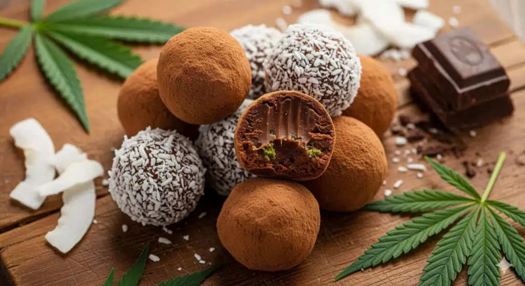The Ultimate Guide: Cannabis Coconut Oil 2 cannabis coconut chocolate truffle next to some cannabis leaves and chocolates on a table