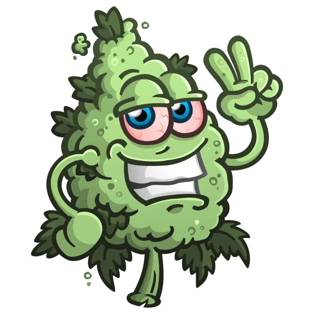 a green animated character with red eyes made out of cannabis giving a peace sign. 