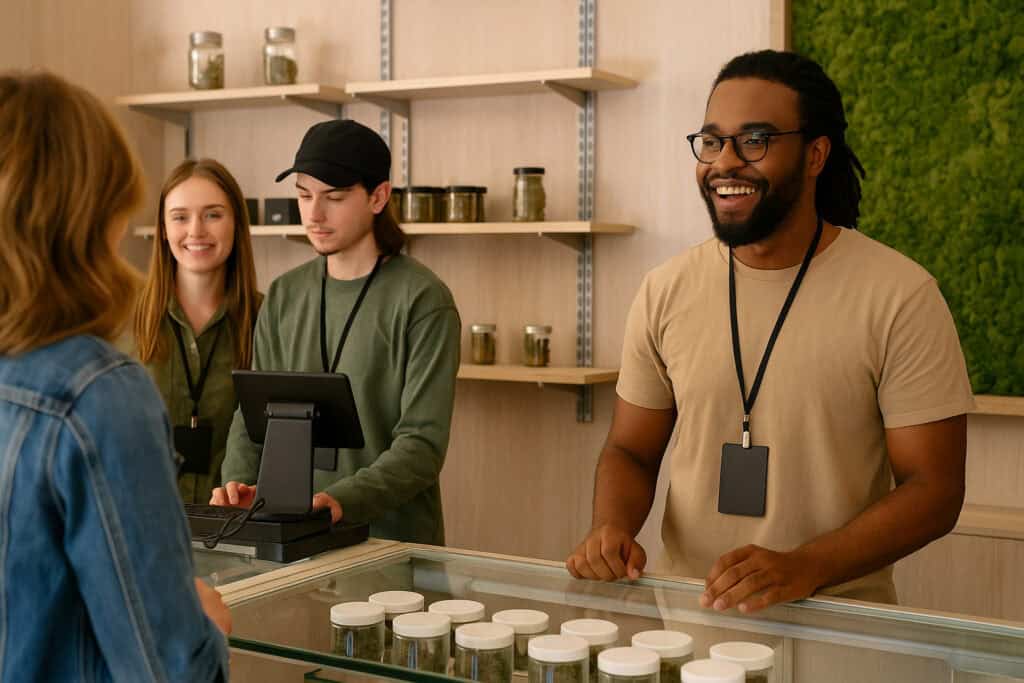 Florida Marijuana Jobs : Updated Guide 2025 1 Florida marijuana jobs. A budtender helps a customer in a Florida cannabis dispensary.