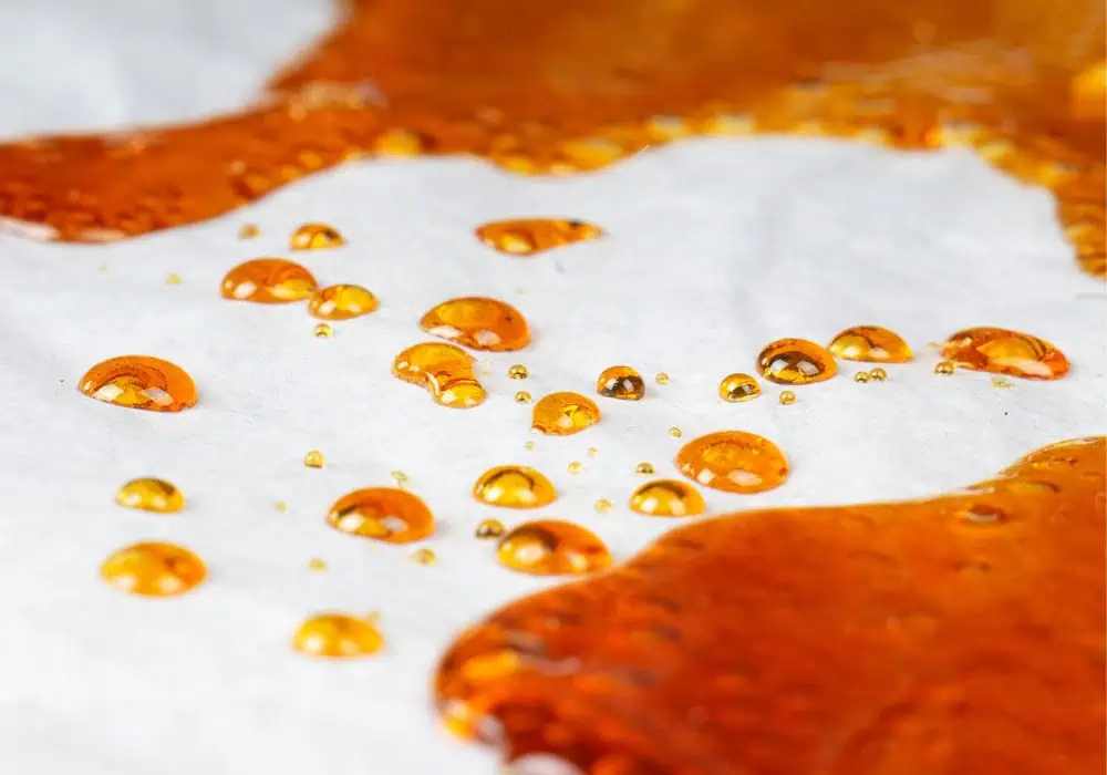 amber colored butane hash oil on white surface