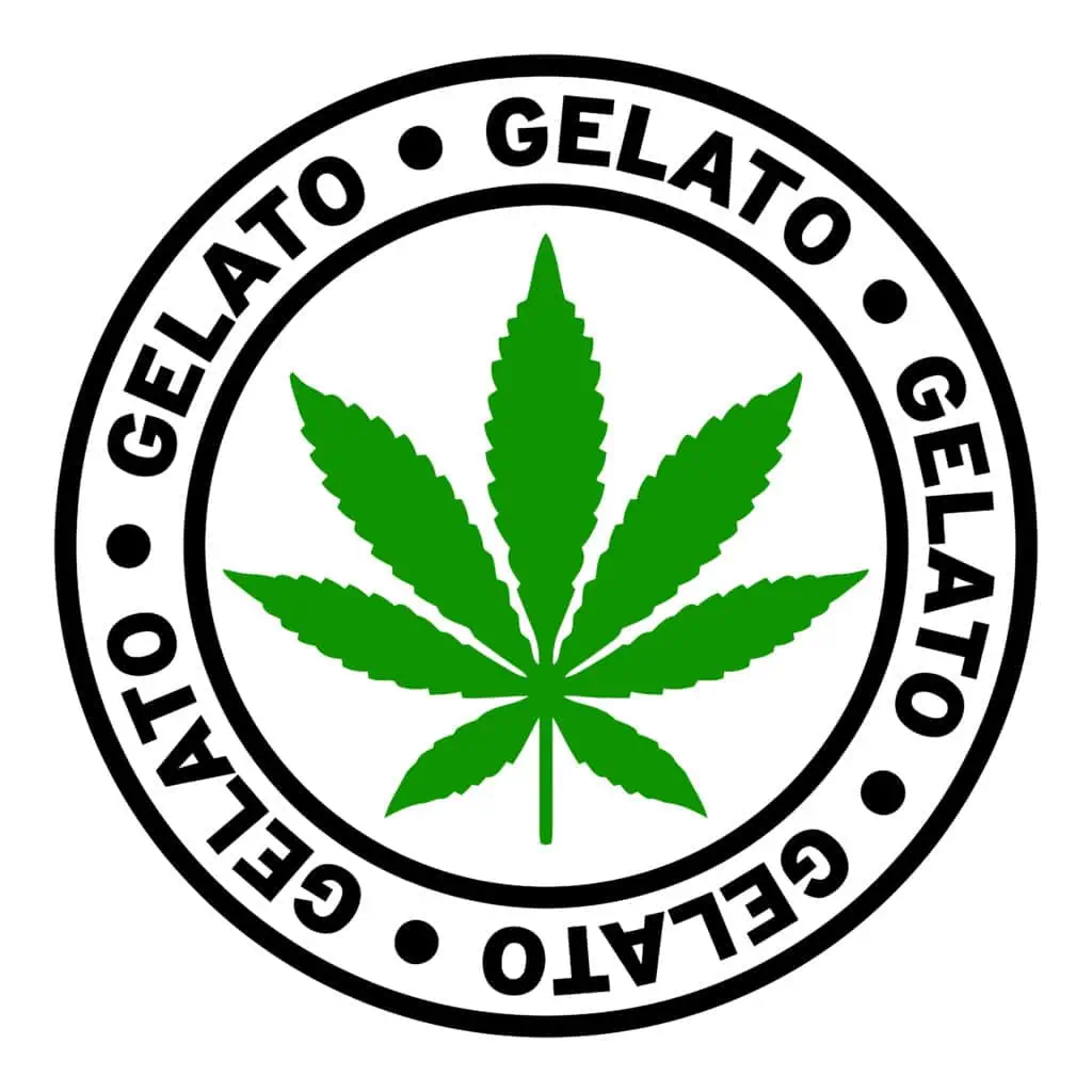 Gelato strain of cannabis. A circle with  weed leaf inside and gelato written around it. 