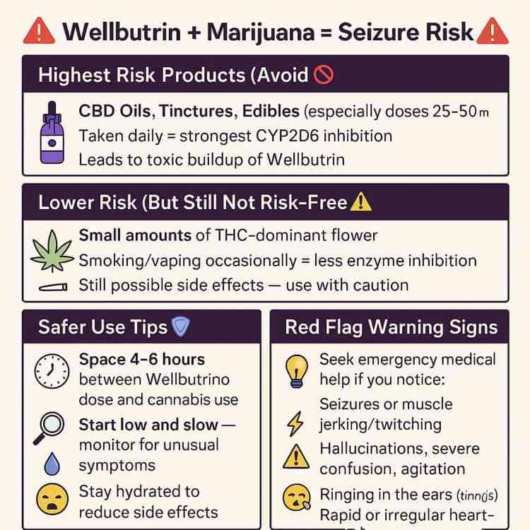 Mixing Wellbutrin and Marijuana : Side Effects, Interaction 1 Wellbutrin and marijuana seizure risk chart. Products to avoid, safety use tips, red flag waning signs
