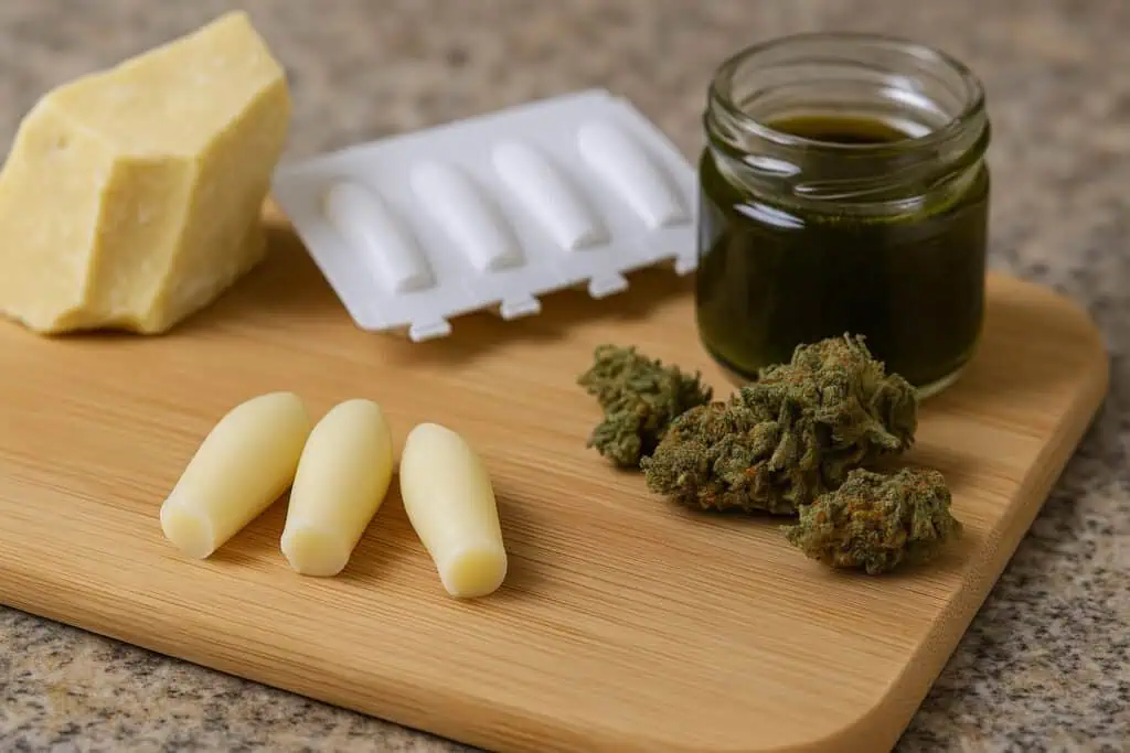 How to Make Cannabis Suppositories : Easy Guide 1 How to make cannabis suppositories. 3 suppositories and some cannabis and some cannabis oil and butter sit on a kitchen cutting table.