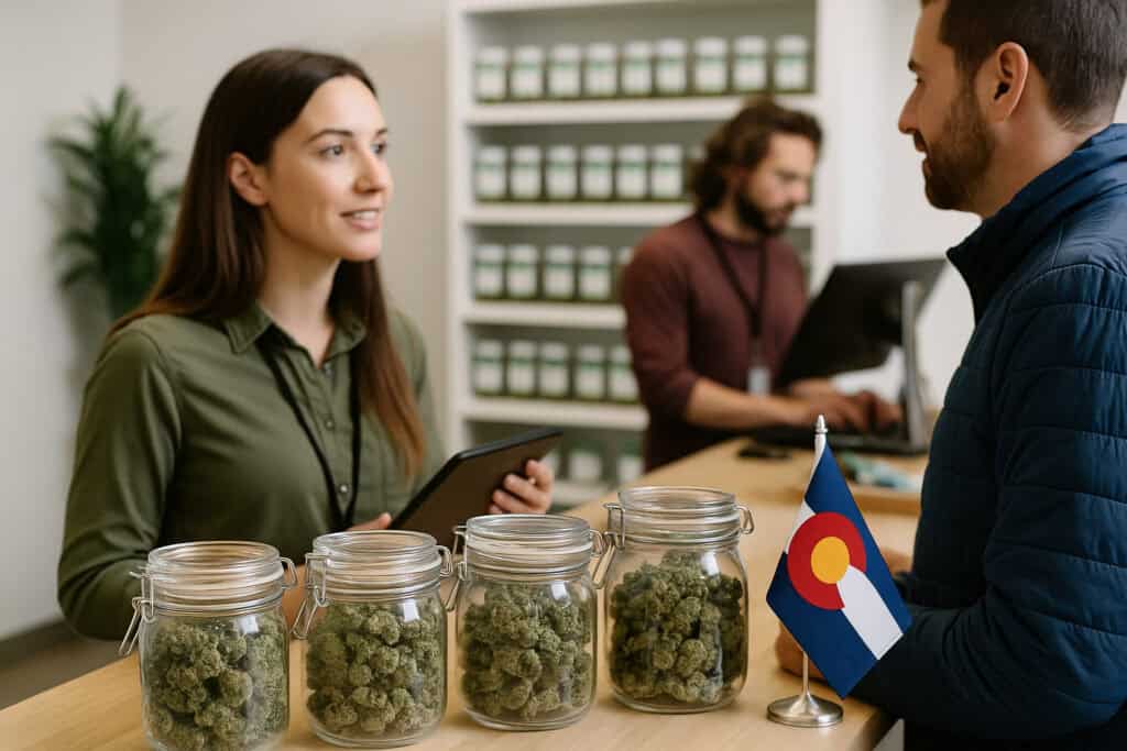 Colorado Marijuana Jobs: Cannabis Industry Career 2025 2 Colorado marijuana jobs. A female budtender at a Colorado dispensary helps a male patient with their cannabis choices.