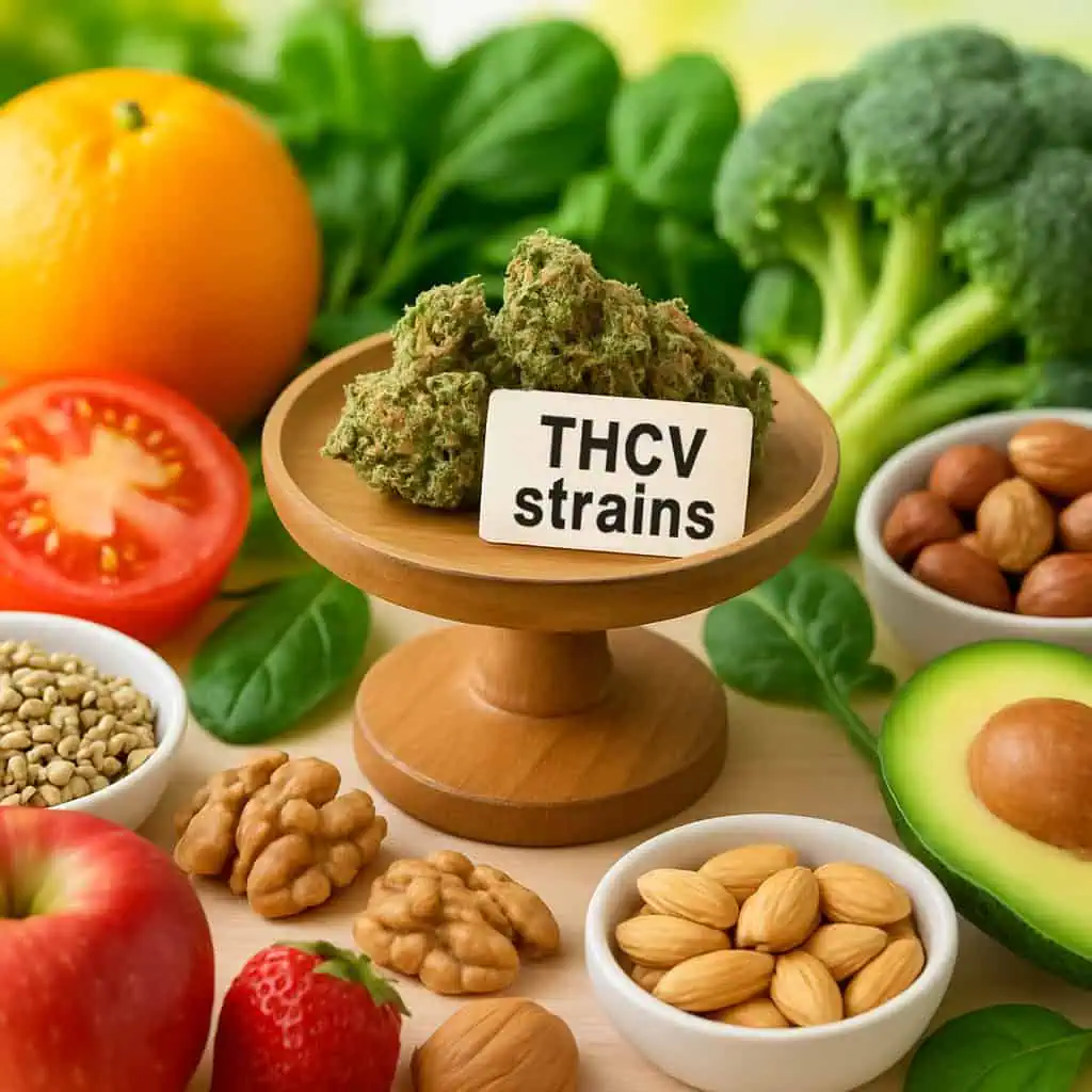 Top 20 THCV Strains : Definitive Guide 2025 1 THCV strains for weight loss and appetite suppression. A sign that reads THCV strains next to a pile of cannabis surrounded by fruits and vegetables and nuts for weight loss.