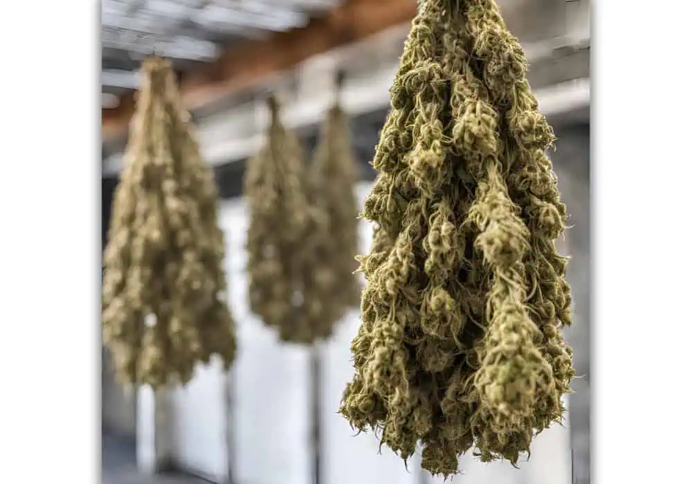 cannabis buds hanging upside down drying