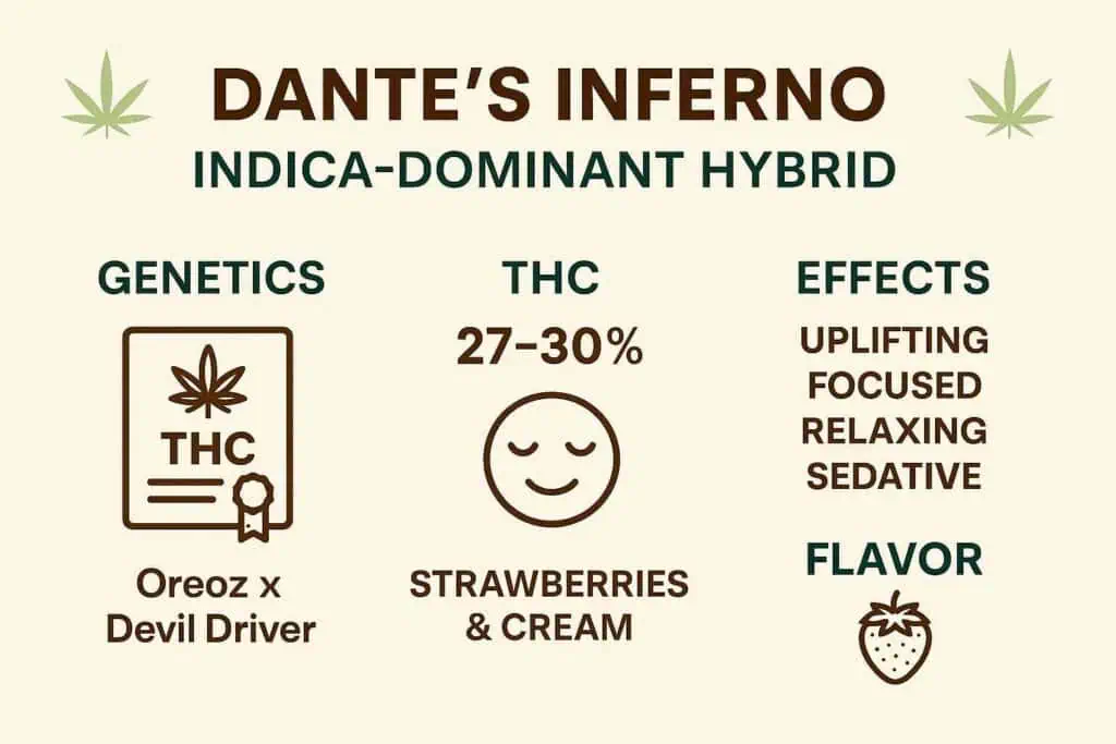 8 Amazing Facts About Dante’s Inferno Strain 1 A chart showing dante's inferno strain genetics, thc percentage, effects, and flavor.
