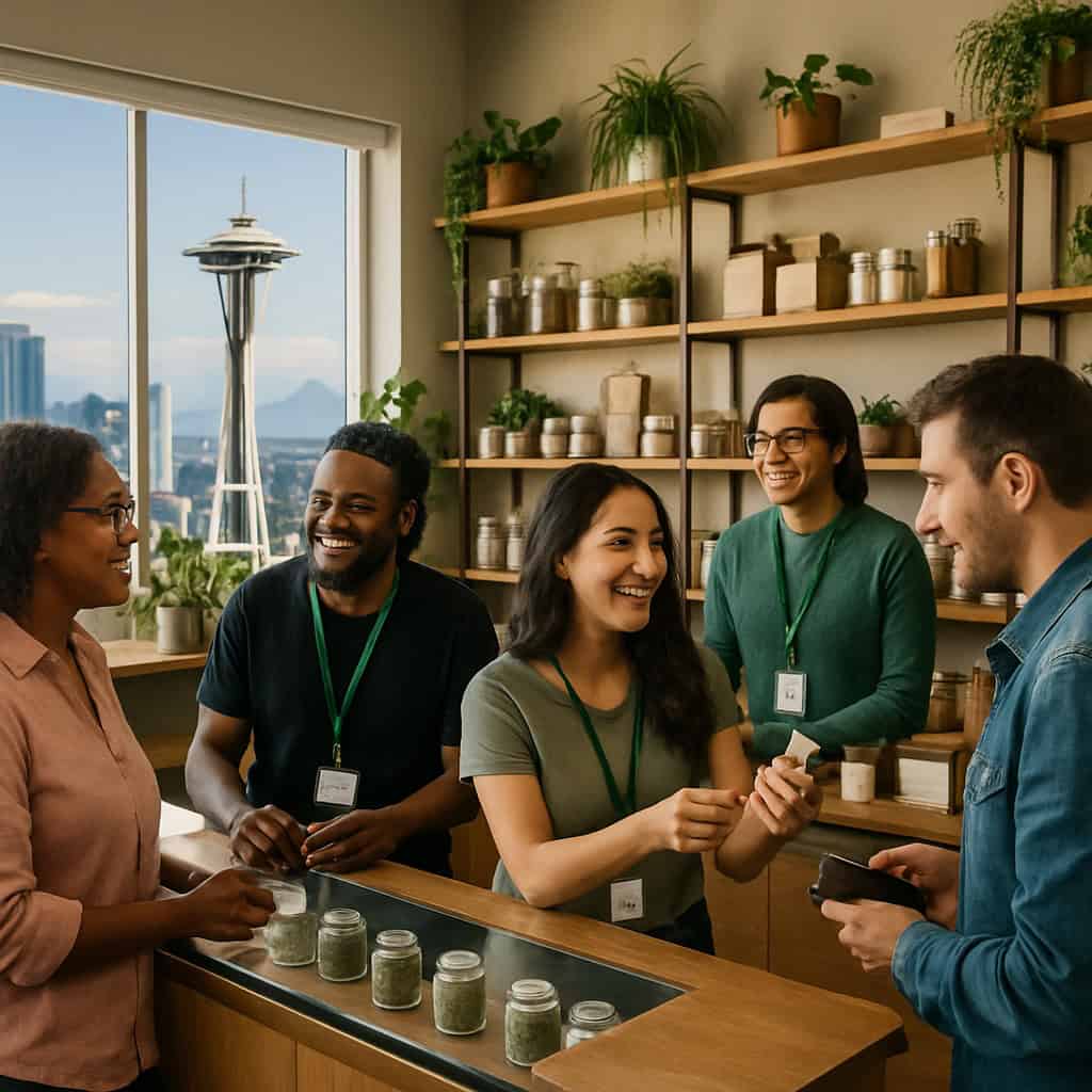 7 Important Skills for Seattle Budtender Jobs 1 Seattle budtender jobs. Budtenders at a dispensary in Seattle Washington helping patients with cannabis.
