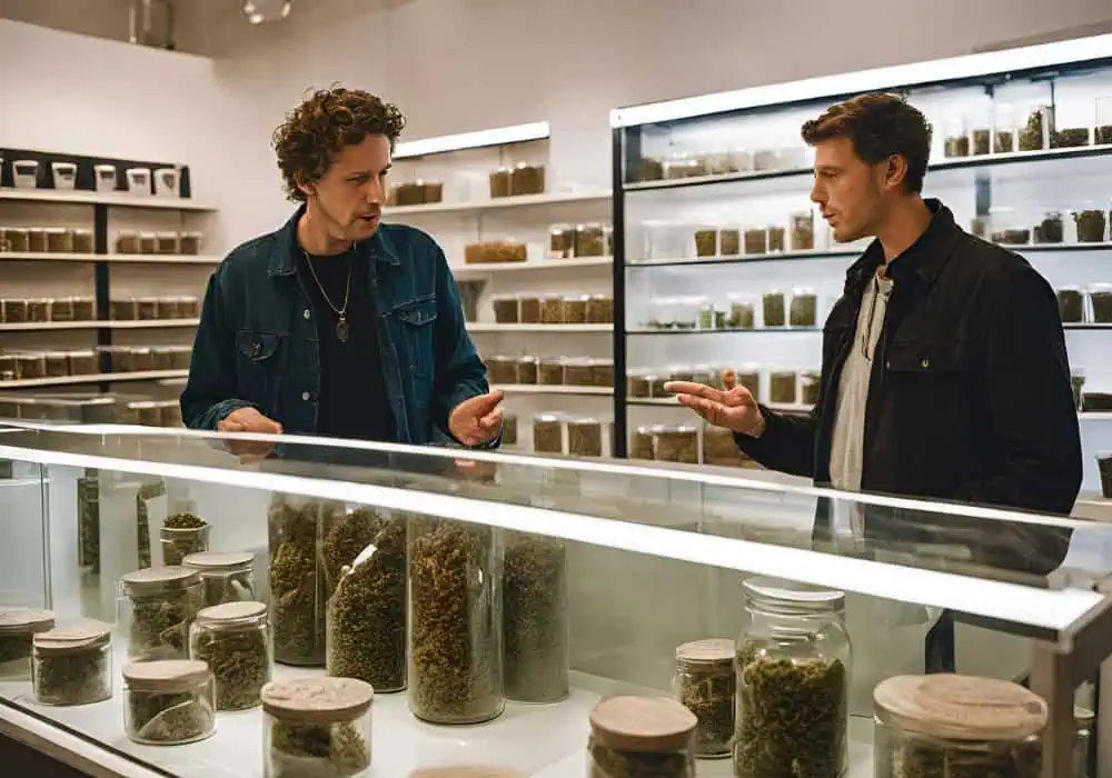 two men standing in front of a counter in a California dispensary