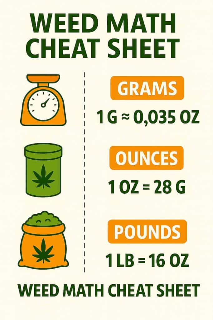 weed math cheat sheet infographic. it shows weed measurements, grams, ounces, pounds conversions. 