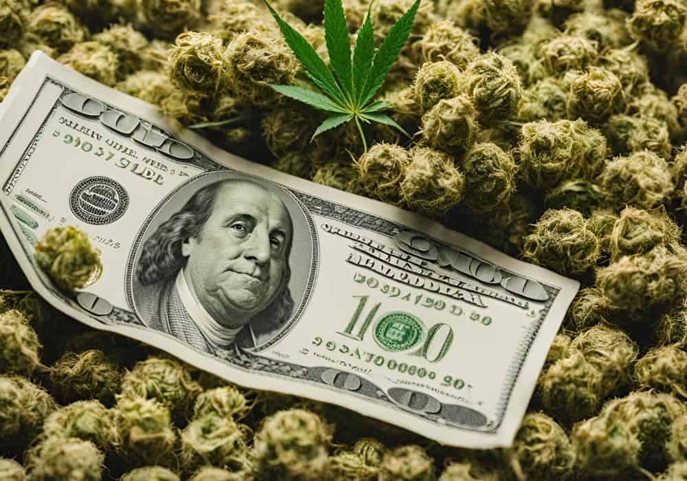 100 dollar bill on cannabis flower