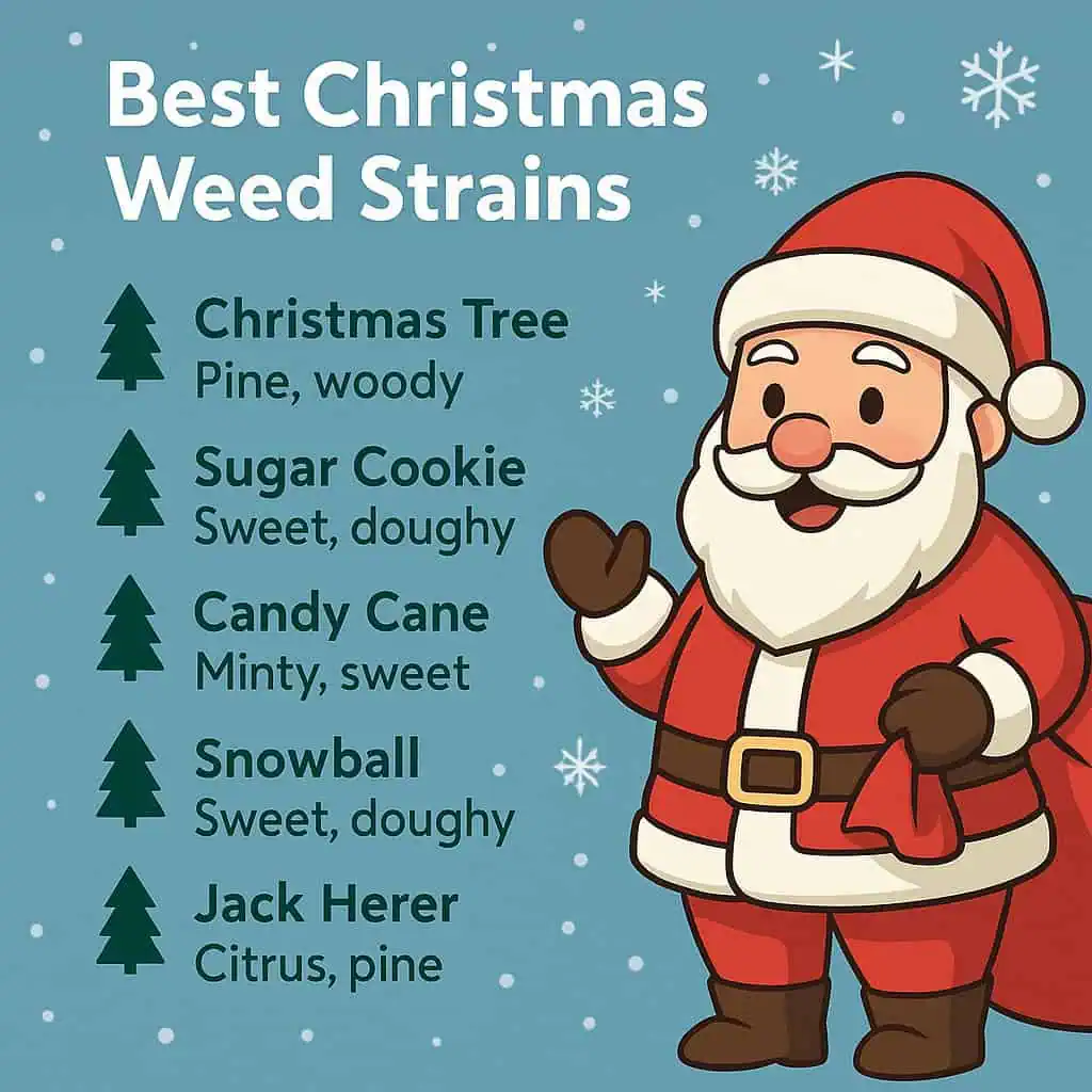 10 Best Christmas Weed Strains 2025 1 Illustration listing five Cannabis strains for Christmas with their flavor notes, next to a cartoon Santa waving on a blue snowy background.