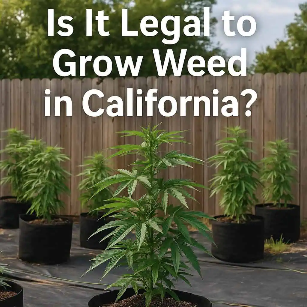 Is it legal to grow weed in California? And some outdoor cannabis plants in pots.