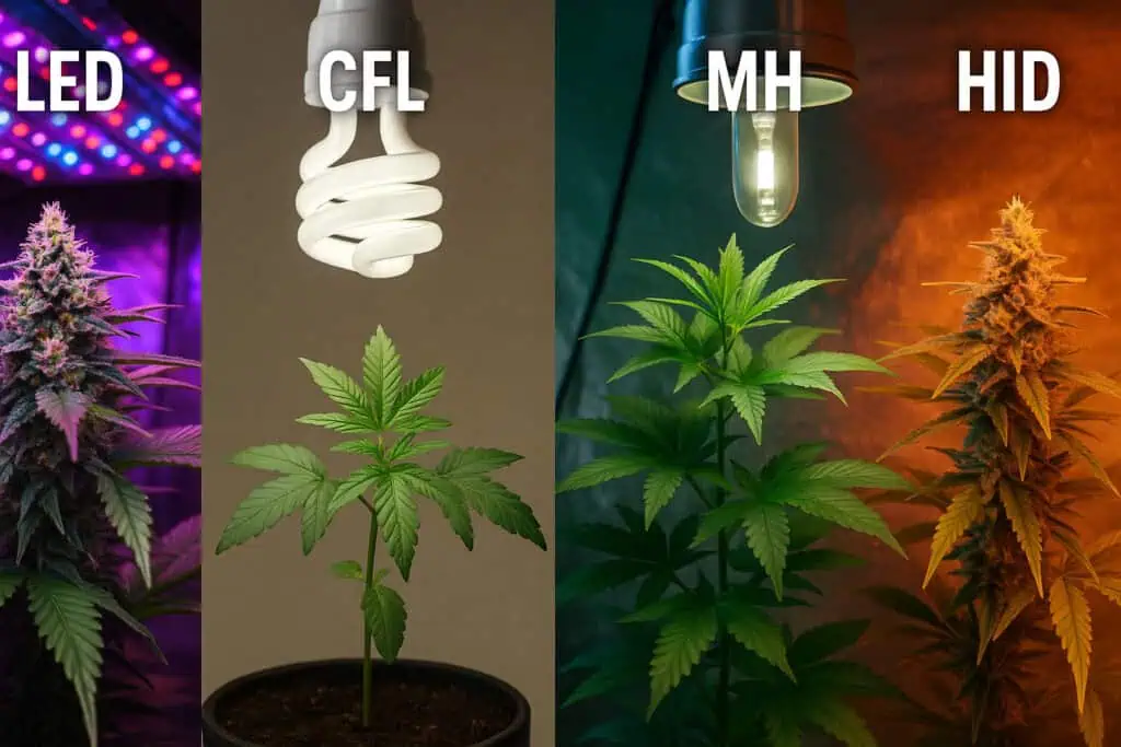 20 Best Marijuana Grow Lights for Huge Yields-2025 1 marijuana grow lights montage. LED, CFL, MH, and HID marijuana grow lights