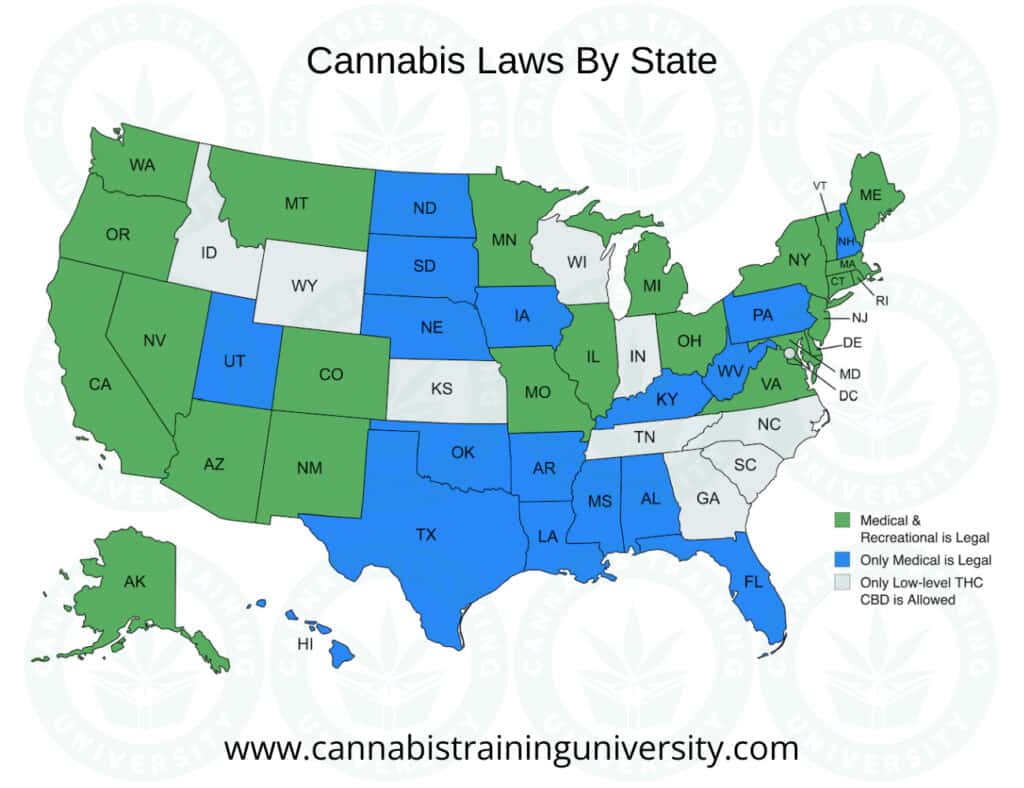 Ultimate Look At Cannabis Job Salaries 2025 2 map of the US states showing which ones have legal cannabis