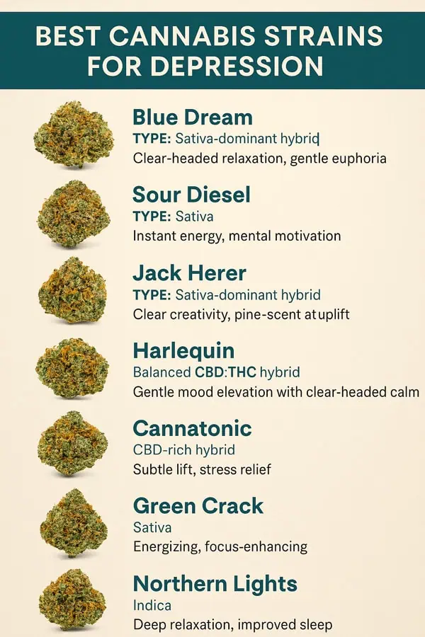Best Weed for Depression : 8 Best Strains 2025 2 Best weed strains for depression chart with list.