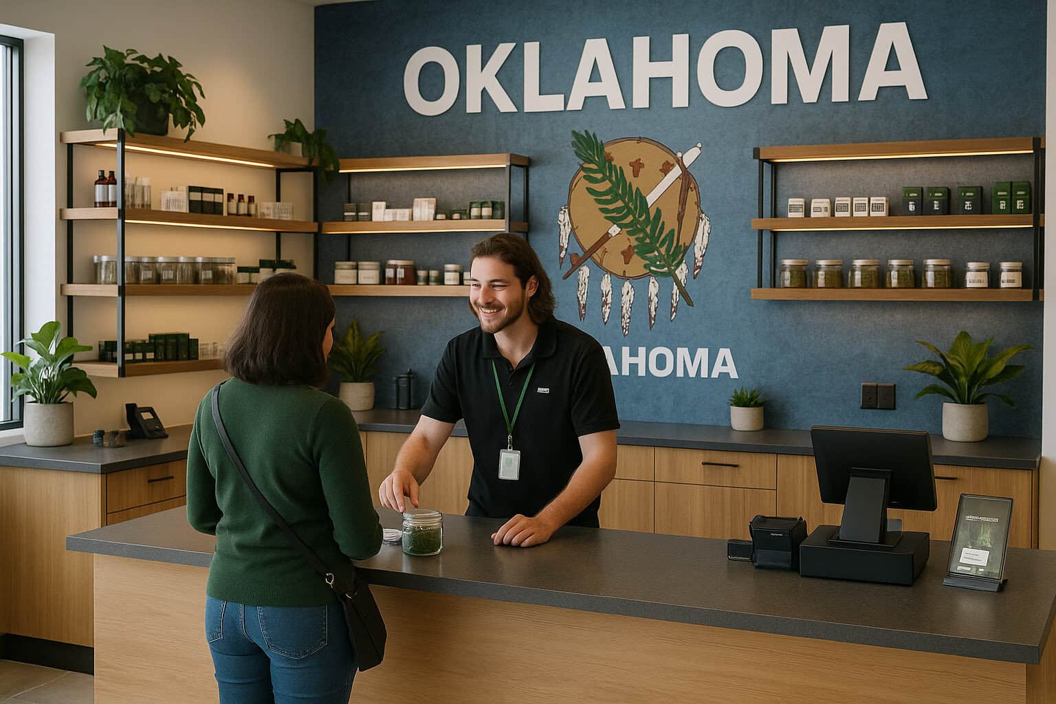 A man behind a counter hands a jar to a woman in a modern dispensary, with "Oklahoma" and a state emblem displayed on the wall behind them—illustrating a typical day at a Dispensary Job in Tulsa.
