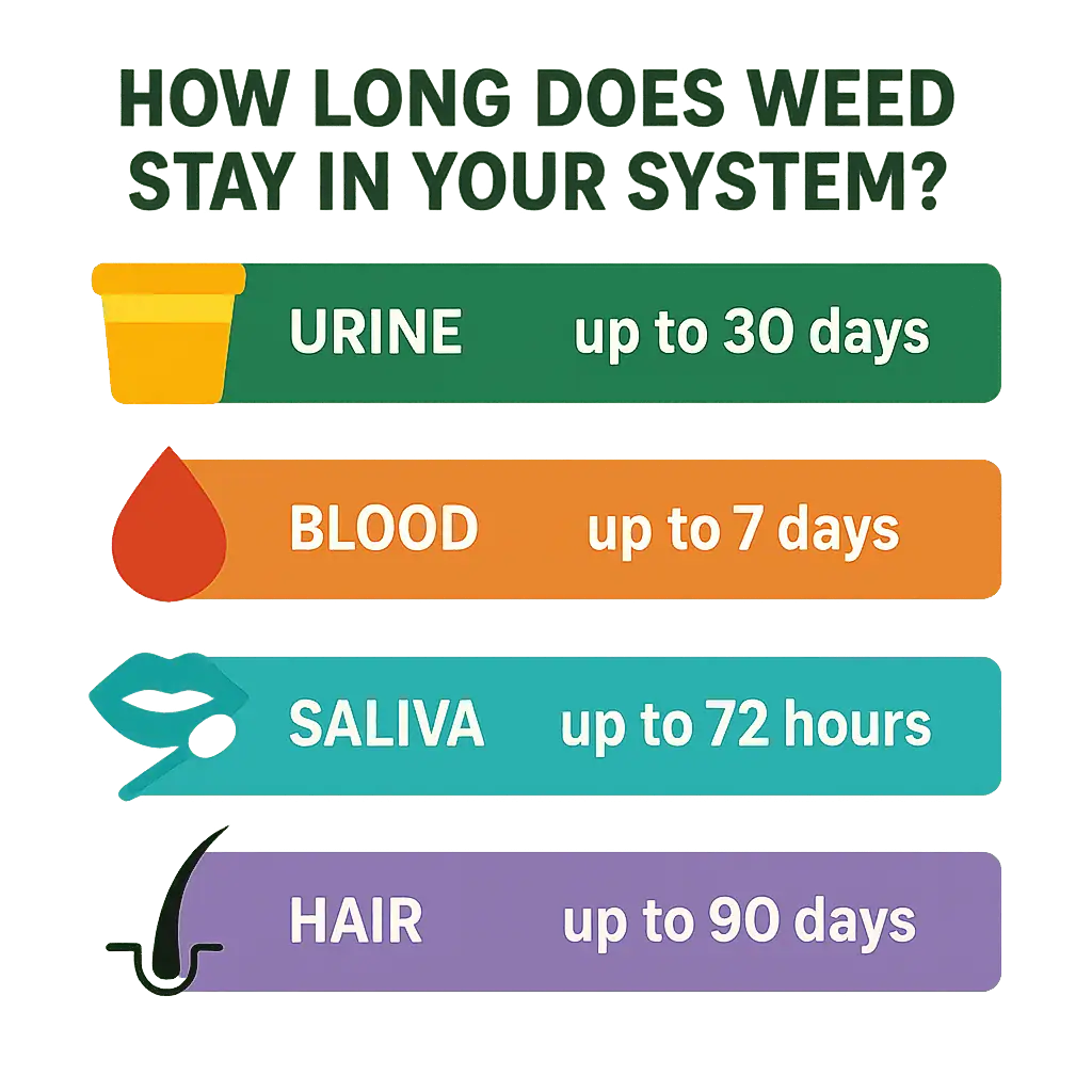 How Long Does Weed Stay In Your System? 2 How long does weed stay in your system? A chart showing THC detection times for urine tests, blood tests, saliva tests, and hair follicle tests.