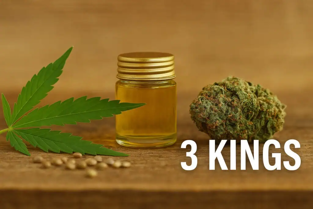 Definitive Guide To 3 Kings Strain 4 3 kings strain with oil, and a bud, and a weed leaf on a table