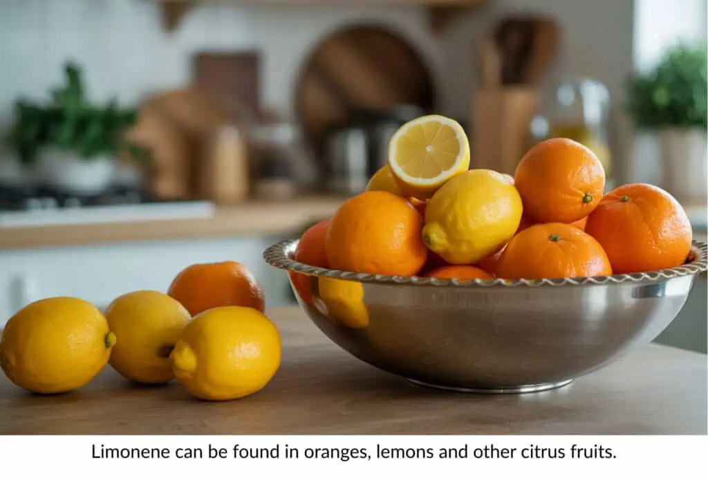 Ultimate List of Terpenes and Terpene Benefits 4 lemons, oranges and tangerines with limonene terpenes in a bowl on a counter