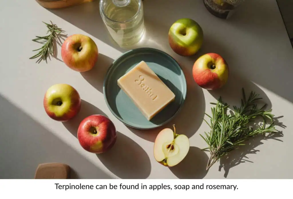Ultimate List of Terpenes and Terpene Benefits 8 apples, rosemary and soap next to each other with terpinolene terpene in them